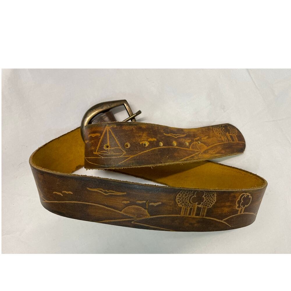 Vintage 1970s Hand Tooled Leather Belt Sailing Nature Lake Hippie Boho Sz 28-20